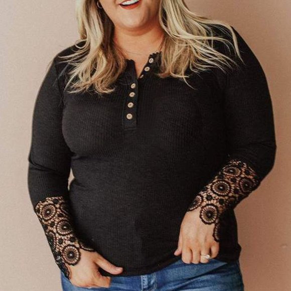 Black Crochet Lace Hem Sleeve Button Top - Picture 11 of 14